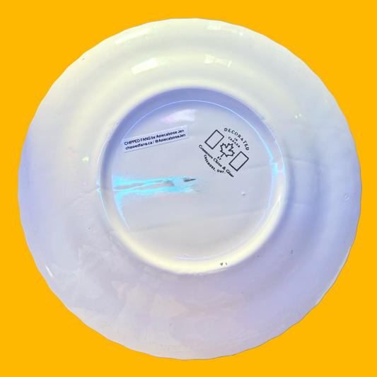 Plain back of decorative plate, on a yellow background.