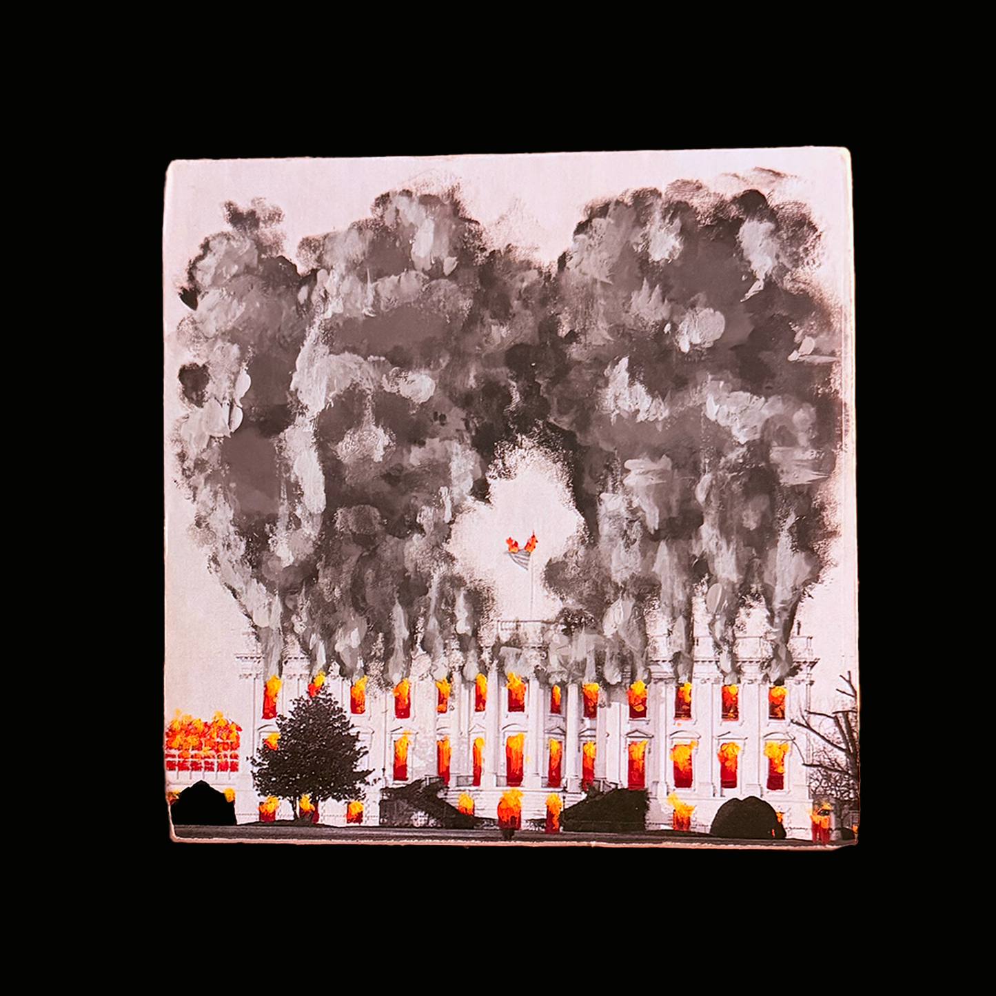 034 - Painted Wood Panel - 5x5 - Greyscale Burning Whitehouse