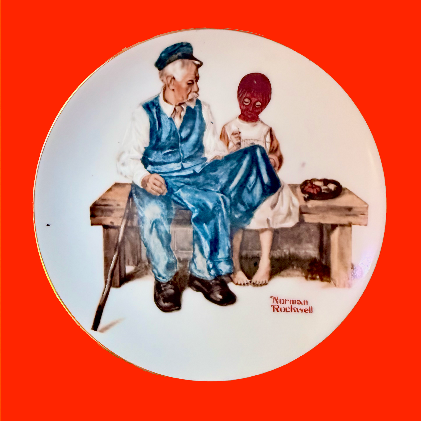 Illustration of a man and child sitting on a bench with 'Norman Rockwell' signature, the child is painted wearing a balaclava, on a red background.