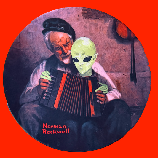 Decorative plate of an elderly man with a green alien  painted sitting with him, learning the accordion. Signed 'Norman Rockwell'