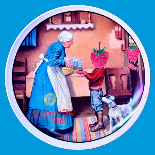 Decorative plate of an elderly woman sneaking chocolate to two boys and their dog. The boy's heads are painted to be strawberries.