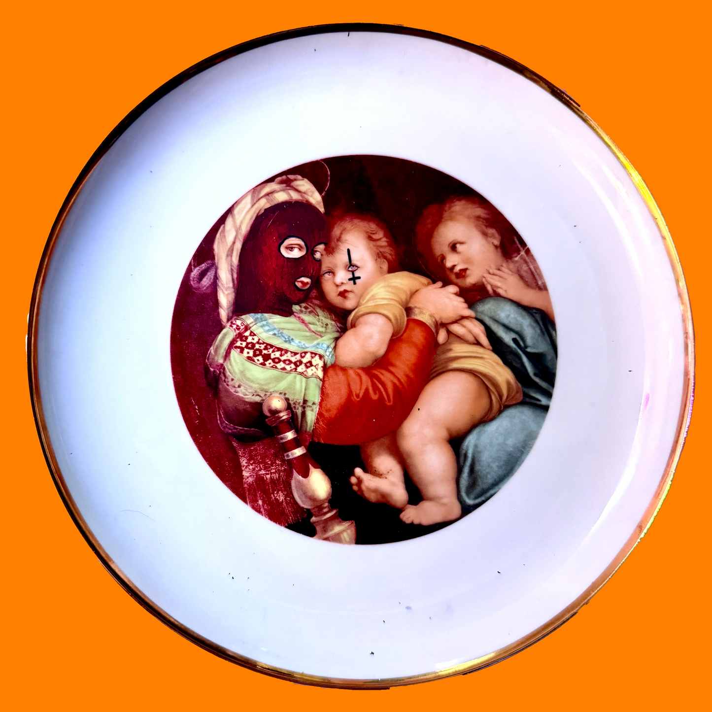 A decorative plate featuring the pieta, with Mary and baby Jesus. Painted to giv Mary a balaclava and Jesus a face tattoo. On orange background.