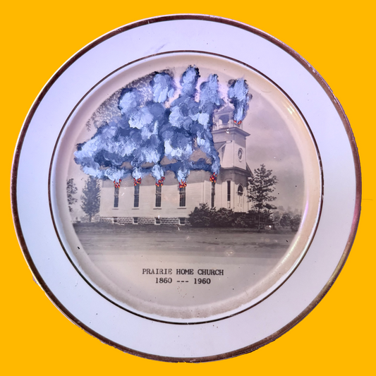 Decorative plate with a burning church illustration and text on a yellow background