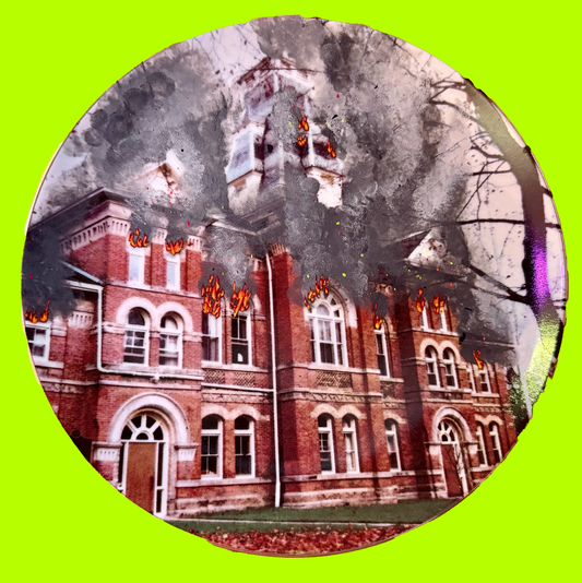 Decorative plate  of a red brick building, the Orangeville courthouse, painted on fire,  with a green background