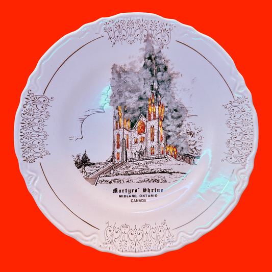 A decorative plate of a church with the church painted on fire. Red background. 