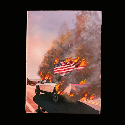 160 - Painted Wood Panel - 5x7 - Cyber Truck & Flag