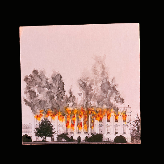 138 - Painted Wood Panel - 5x5 - Greyscale Burning Whitehouse