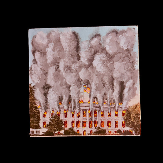 146 - Painted Wood Panel - 5x5 - Full Colour Burning Whitehouse